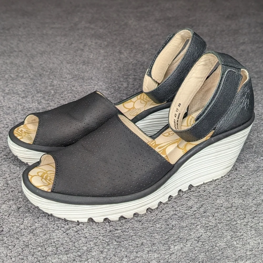 Fly London Yake Perforated Wedge Sandals Black White Women's 39 8-8.5